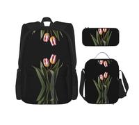 WZYCWB Juego de mochila de flores de tulipán (juego de 3 piezas), mochila escolar para estudiantes + estuche + bolsa de almuerzo, mochila de gran capacidad