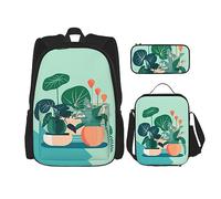 WZYCWB Juego de mochila de plantas verdes en maceta de dibujos animados para interiores (juego de 3 piezas), mochila escolar para estudiantes + estuche + bolsa de almuerzo, mochila de gran capacidad