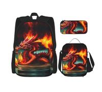 WZYCWB Juego de mochila Dragon King in Fire (juego de 3 piezas), mochila escolar para estudiantes + estuche + bolsa de almuerzo, mochila de gran capacidad, Negro -, Talla única