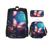 WZYCWB Juego de mochila Magic Butterfly Campus Life (3 piezas), mochila escolar + estuche + bolsa de almuerzo, satisface todas las necesidades diarias de los estudiantes, negro, talla única, negro