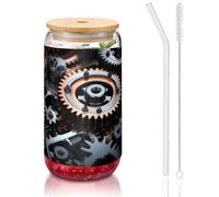 WZYCWB Machine Gear - Taza de vidrio con tapa de bambú de 16 onzas, tazas de café helado, tazas de té helado, tazas de cerveza, ideales para accesorios de bar de café, regalos estéticos