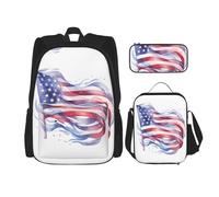 WZYCWB Mochila escolar con bandera americana + estuche + lonchera combinada adecuada para viajes diarios