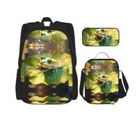 WZYCWB Mochila Frog on a Lotus Leaf (juego de 3 piezas), mochila de gran capacidad, mochila escolar para estudiantes, estuche para lápices, bolsa de almuerzo
