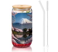 WZYCWB Monte Fuji a principios de primavera - Taza de vidrio con tapa de bambú de 16 onzas, tazas de café helado, tazas de té helado, tazas de cerveza, ideales para accesorios de barra de café