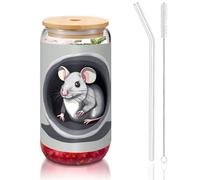 WZYCWB Mouse in the Hole - Taza de vidrio con tapa de bambú de 16 onzas, tazas de café helado, tazas de té helado, tazas de cerveza, ideales para accesorios de cafetería, regalos estéticos
