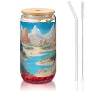 WZYCWB Oasis in the Desert - Taza de vidrio con tapa de bambú de 16 onzas, tazas de café helado, tazas de té helado, tazas de cerveza, ideales para accesorios de barra de café, regalos estéticos