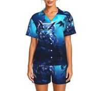 WZYCWB Owl in the Moonlight - Conjunto de pijama de manga corta para mujer, conjunto de cárdigan suave y transpirable, Negro, 3XL-6XL