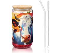 WZYCWB Pintura de acuarela de dos vacas de 16 onzas con tapa de bambú, taza de vidrio con pajita, tazas de café helado, tazas de té helado, tazas de cerveza, ideales para accesorios de barra de café
