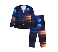 WZYCWB Seaside Moonlight - Conjunto de pijama de manga larga para mujer, 2 piezas, suave y cálido para otoño e invierno, Negro, S