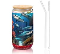 WZYCWB Submarine Shark Coral - Taza de vidrio con tapa de bambú de 16 onzas, tazas de café helado, tazas de té helado, tazas de cerveza, ideales para accesorios de cafetería, regalos estéticos
