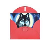 WZYCWB Tarjeta de vacaciones de papel nacarado rojo con diseño de lobo bajo la luna con sobre, ideal para deseos de cumpleaños, bodas, felicitaciones y condolencias.