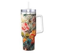 WZYCWB Taza de hielo con patrón de flores y pájaros, taza de vacío de acero inoxidable de doble capa de 40 onzas, a prueba de fugas y portátil