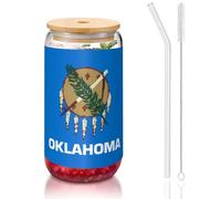 WZYCWB Taza de vidrio con tapa de bambú con diseño de la bandera del estado de Oklahoma, de 16 onzas, tazas de café helado, tazas de té helado, tazas de cerveza, ideales para accesorios de barra de
