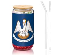 WZYCWB Taza de vidrio con tapa de bambú de 16 onzas con diseño de bandera del estado de Louisiana, tazas de café helado, tazas de té helado, tazas de cerveza, ideales para accesorios de cafetería