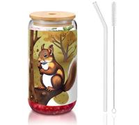 WZYCWB Taza de vidrio con tapa de bambú de 473 ml, diseño de ardilla que come nueces, tazas de café helado, tazas de té helado, tazas de cerveza, ideales para accesorios de barra de café, regalos
