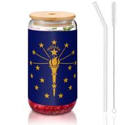 WZYCWB Taza de vidrio con tapa de bambú de la bandera del estado de Indiana de 16 onzas, tazas de café helado, tazas de té helado, tazas de cerveza, ideales para accesorios de cafetería, regalos