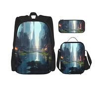WZYCWB The City on the Water Campus Life - Juego de mochila (3 piezas) - Mochila escolar + estuche + bolsa de almuerzo, satisface todas las necesidades diarias de los estudiantes. Negro, talla única