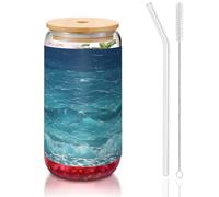 WZYCWB The Deep Blue Sea - Taza de vidrio con tapa de bambú de 16 onzas, tazas de café helado, tazas de té helado, tazas de cerveza, ideales para accesorios de cafetería, regalos estéticos