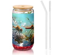 WZYCWB The Quiet Dragonfly - Taza de vidrio con tapa de bambú de 16 onzas, tazas de café helado, tazas de té helado, tazas de cerveza, ideales para accesorios de cafetería, regalos estéticos