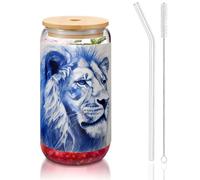 WZYCWB The Silent Lion - Taza de vidrio con tapa de bambú de 16 onzas, tazas de café helado, tazas de té helado, tazas de cerveza, ideales para accesorios de cafetería, regalos estéticos