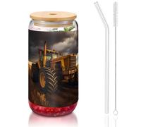 WZYCWB Tractor in the field - Taza de vidrio con tapa de bambú de 16 onzas, tazas de café helado, tazas de té helado, tazas de cerveza, ideales para accesorios de cafetería, regalos estéticos