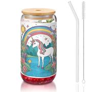 WZYCWB Unicorns by the river - Taza de vidrio con tapa de bambú de 16 onzas, tazas de café helado, tazas de té helado, tazas de cerveza, ideales para accesorios de barra de café, regalos estéticos