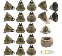 WZYTEU 20 Pcs Campanillas de Metal Bronce Vintage, Mini Campana Metal para Manualidades, Decoraciones, Navidad, Bodas, Campanas de Viento, con Cuerda de Cáñamo y Tijeras Pequeñas