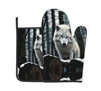 WZYWHJ A Lone Wolf - Juego de guantes de horno y soportes para ollas impresos para cocinar, microondas, parrilla, con diseño de cordón