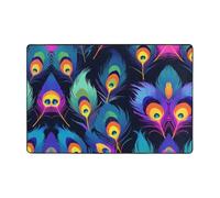 WZYWHJ Alfombra antideslizante con estampado de plumas de pavo real de neón, suave y cómoda, buena absorción de agua. Nombre para sala de estar y balcón