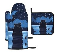 WZYWHJ Bear Bathing Under The Stars - Juego de guantes de horno y estante para ollas, 3 piezas, guantes de cocina largos gruesos