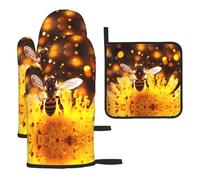 WZYWHJ Bees in Flight - Juego de guantes de horno y estante para ollas, 3 piezas, guantes de cocina largos gruesos