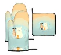 WZYWHJ Best Friends - Juego de guantes de horno y estante para ollas con estampado de animales, 3 piezas, guantes de cocina largos gruesos