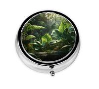 WZYWHJ Caja de medicina circular con estampado de plantas tropicales verdes, portátil de viaje con compartimentos, mini dispensador de píldoras
