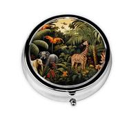 WZYWHJ Caja de medicina circular con impresión de animales en la selva tropical, portátil de viaje con compartimentos, mini dispensador de píldoras