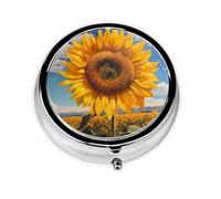 WZYWHJ Caja de medicina circular impresa con girasoles en el sol naciente, portátil de viaje con compartimentos, mini dispensador de píldoras