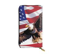 Wzywhj Cartera larga de cuero para mujer con múltiples compartimentos y cremallera, diseño de águila patriótica de Estados Unidos con estampado de bandera estadounidense, Black, Talla única