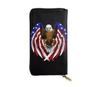 Wzywhj Cartera larga de cuero para mujer con múltiples compartimentos y diseño de cremallera con estampado de águila patriótica de la bandera de Estados Unidos, Black, Talla única