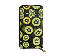 Wzywhj Cartera larga de piel para mujer, con múltiples compartimentos y cremallera, estampado de kiwi verde, Black, Talla única