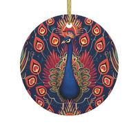 WZYWHJ Colgante redondo de cerámica de Navidad, decoración de árbol de 7,4 cm, adorno para tiendas y hogares, patrón de pavo real de colores