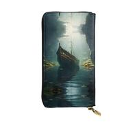 WZYWHJ Elegante cartera de piel estampada con diseño de naufragio en la parte inferior del lago, bolso largo para mujer, material duradero, 12 ranuras para tarjetas, compartimentos con cremallera