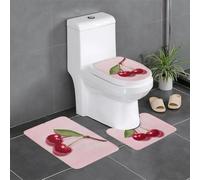 WZYWHJ Juego de 3 alfombrillas de baño con estampado de cerezas sobre fondo rosa, antideslizantes, duraderas, fáciles de limpiar, adecuadas para baño e inodoro