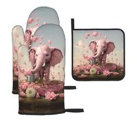 WZYWHJ Little Pink Elephant Watering The Flowers - Juego de guantes de horno y estante para ollas, 3 piezas, guantes de cocina largos gruesos