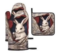 WZYWHJ Little White Rabbit in The Quilt - Juego de guantes de horno y estante para ollas, 3 piezas, guantes de cocina largos gruesos