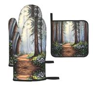 WZYWHJ Mangroves in The Mist - Juego de guantes de horno y estante para ollas, 3 piezas, guantes de cocina largos gruesos