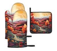 WZYWHJ Maple Leaves and Hills - Juego de guantes de horno y estante para ollas, 3 piezas, guantes de cocina largos gruesos