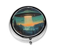 WZYWHJ Maravillosa caja de medicina circular con impresión OVNI, portátil de viaje con compartimentos, mini dispensador de píldoras