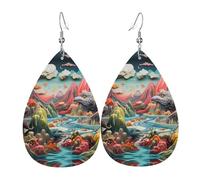 WZYWHJ Pendientes con colgante de gota de agua con impresión de montañas y mares, aretes de cuero, artículos de moda para mujer