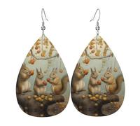 WZYWHJ Pendientes de piel con diseño de tres pequeñas ardillas recogiendo peras con estampado de gotas de agua