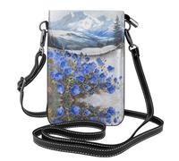 WZYWHJ Pequeñas flores azules bajo la montaña de la nieve bolsa cruzada de cuero con solapa - Regalo versátil para mujeres caminando, camping, compras y viajes