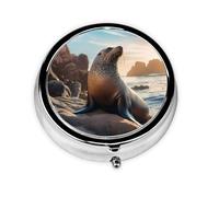 WZYWHJ Sea Lion on The Rocks - Caja de medicina circular impresa con compartimentos, portátil de viaje con compartimentos, mini dispensador de píldoras